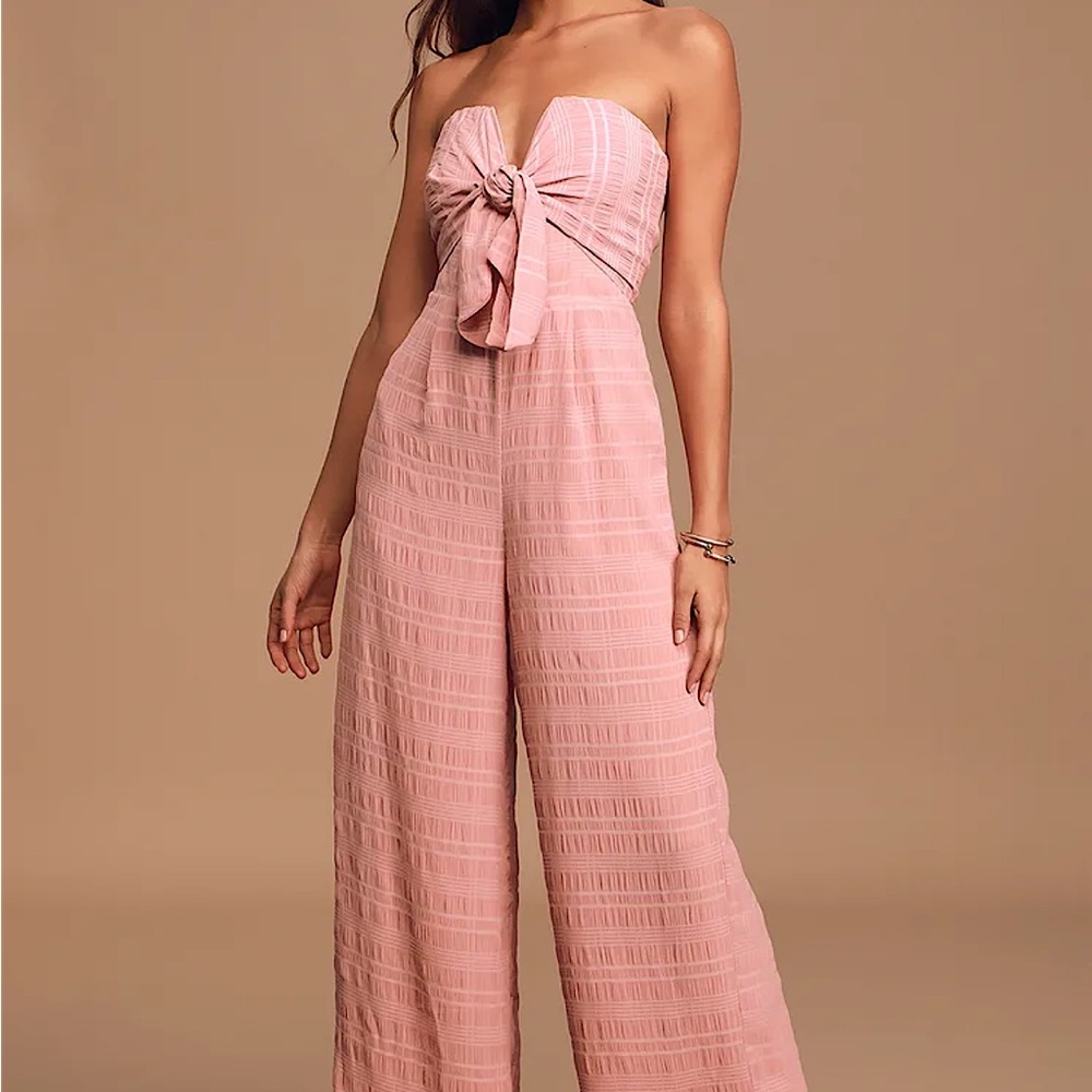 Lulus “Perfect Weekend Mauve Strapless Tie-Front Wide-Leg Jumpsuit” Size M